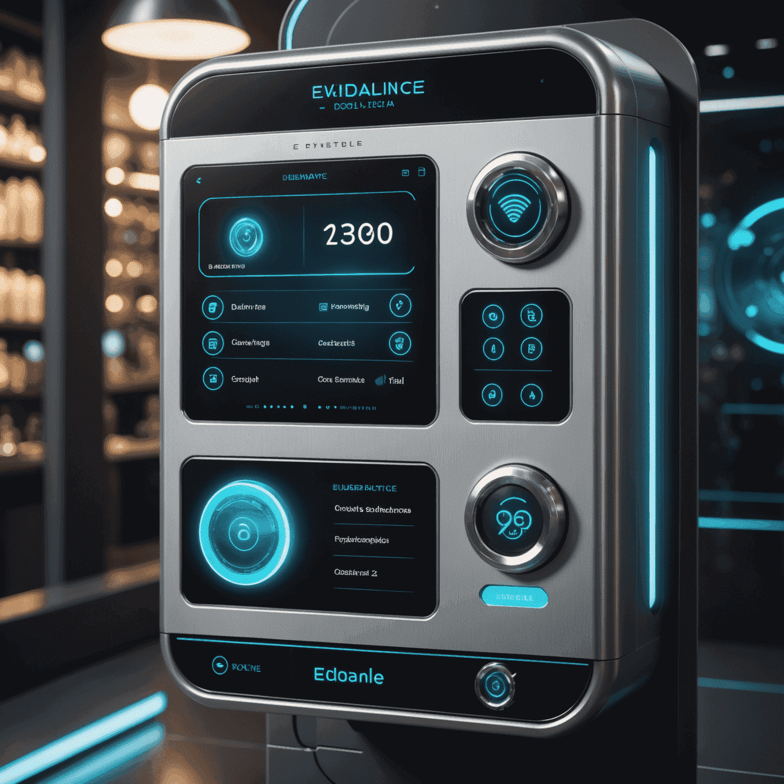 Futuristické rozhraní zobrazující proces nákupu kuponu edalnice.cz s interaktivními holografickými tlačítky