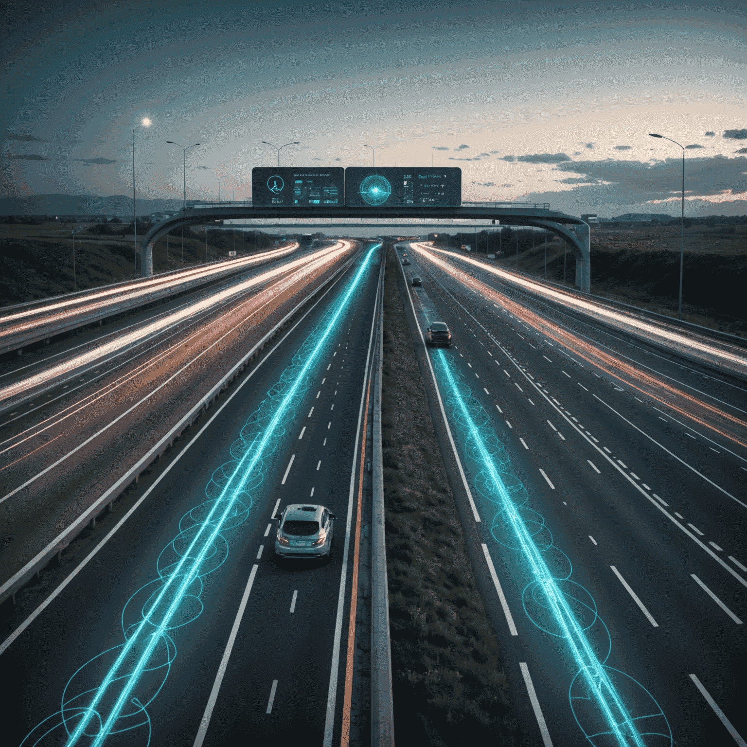 Futuristické zobrazení procesu kontroly elektronické dálniční známky pomocí kamerového systému na dálnici s holografickým rozhraním